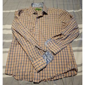 Bristol & Bull Luxe Fitted Plaid Shirt L | Orange Blue Check Paisley Trim